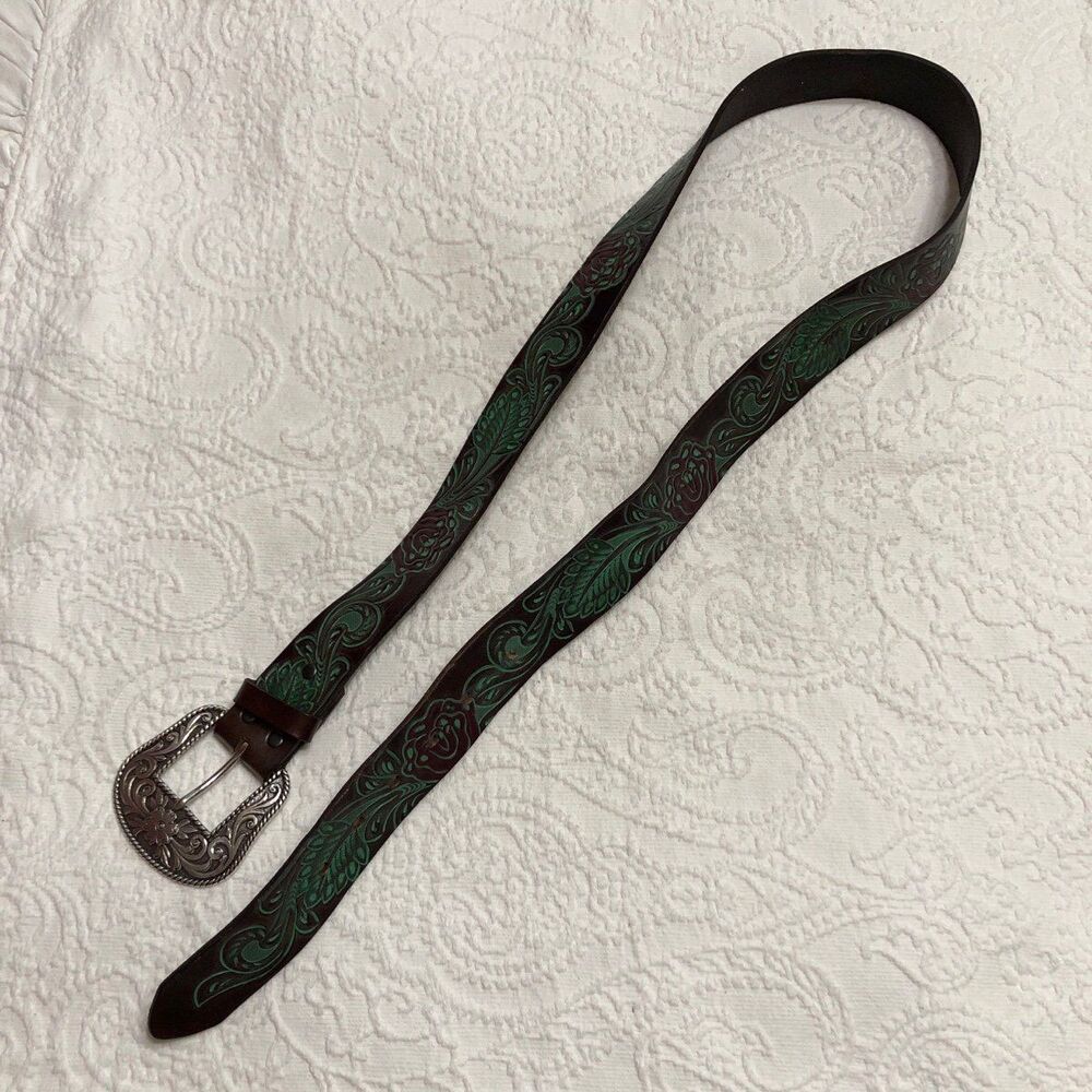Ariat Western Belt Size XL Genuine Leather Brown/Turquoise/Silver Belt Buckle - Picture 6 of 7